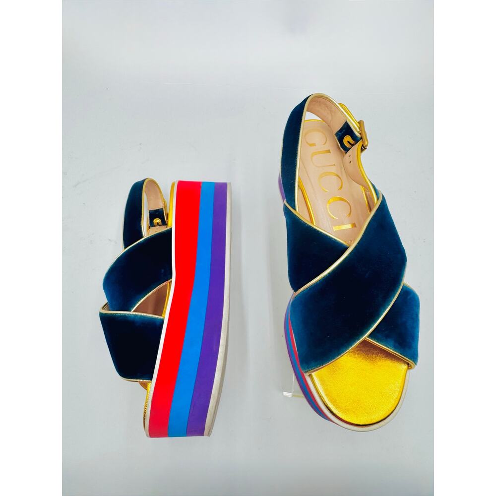 Gucci Peggy Blue Velvet Platform Sandals Crossover Strap EU 37.5 - Picture 3 of 9